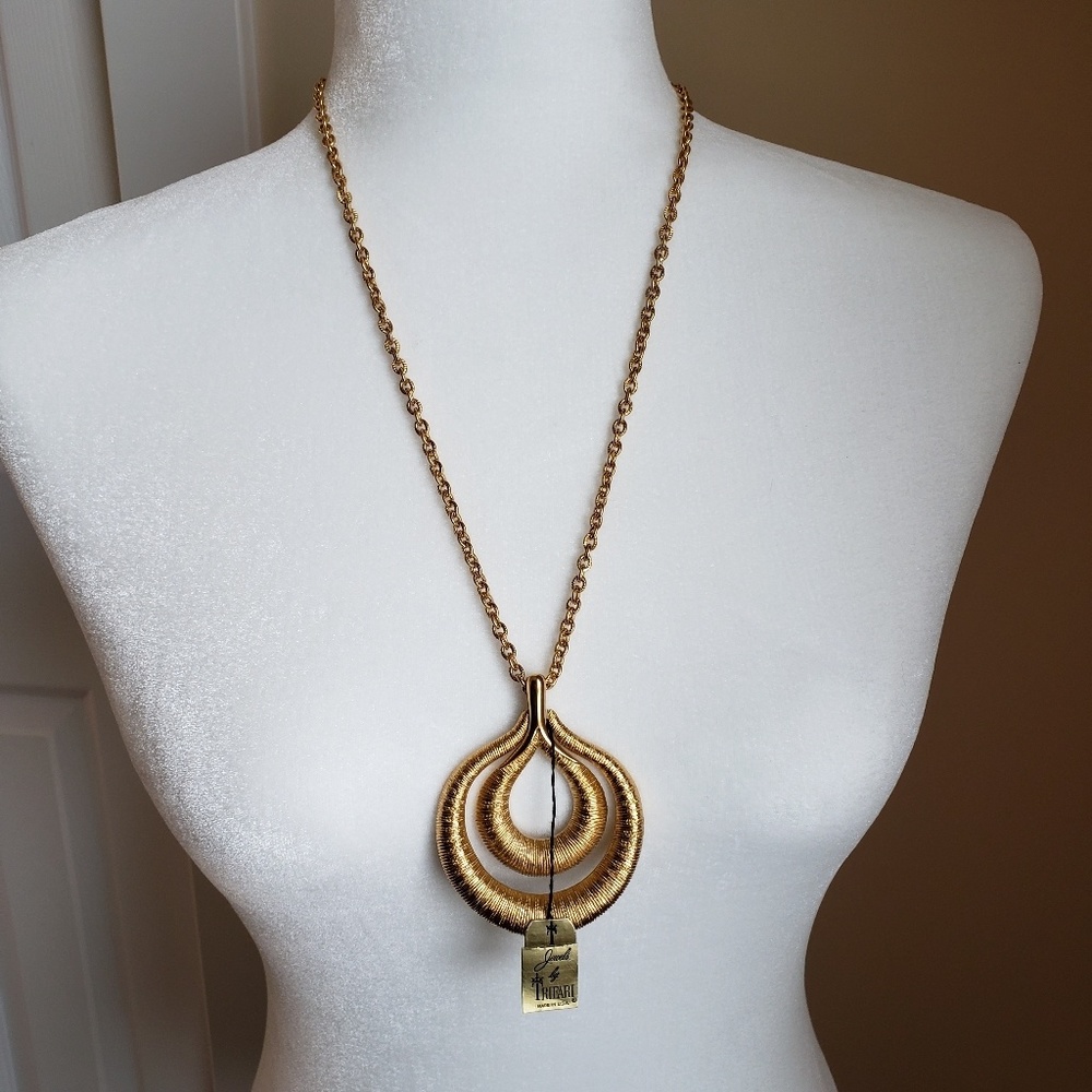 Trifari Gold Necklace with Double Hoop Pendant